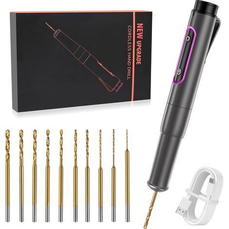 Mini Stylo Perceuse Électrique, avec 10 Foret Hélicoïdal (0.6-2.2 mm), USB Rechargeable, Outil Bricolage Portable pour Résine, Plastique, Bois, Circuit Imprimé, Cuir (Noir) (1/5)