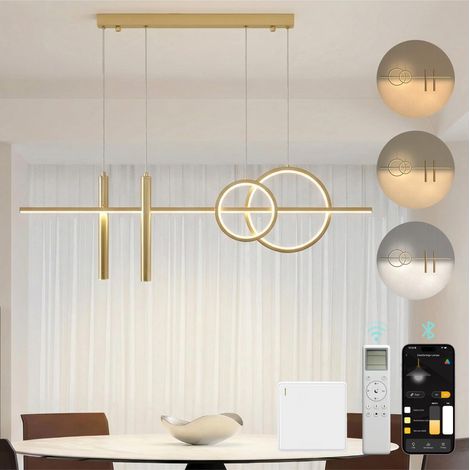 Mai & Mai Lampadario Sospensione 30W, 100 CM, Metallo Base, Lunghezza Filo 150 CM, Altezza regolabile, Lampada da Soffitto a Sospensione per Camera da Letto, Cucina e Soggiorno, Oro, Luvina09 (1/5)