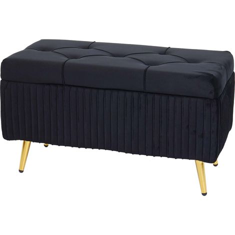 Panca contenitore seduta imbottita trapuntata HHG-512 45x80x40cm velluto nero (1/5)