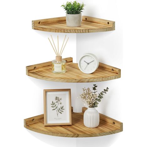 Étagères d’Angle Murales en Bois Style Vintage pour Salon Lot de 3 Tablettes indépendantes suspendues, Passe-câble arrière,pour plantes, cadres et déco, salle de bain, cuisine, chambre (1/5)