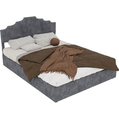 CHICFURN Cama tapizada 140x200 cm gris en tejido y metal, cabecero alto, colchón incluido (1/5)