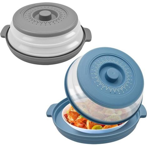 2Pcs Couvercle pour Micro Onde avec Plateau, 2 en 1 Pliable Cloche Micro Onde Alimentaire Prévention Eclaboussures, Passoire (1/4)
