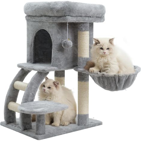 Arbre à Chat, Petit Griffoir pour Chat de 75 cm de Hauteur avec Plateforme Supérieure, Tanière, Hamac, Échelle d'escalade, Jouets Félins, Meuble pour Chats, Gris Clair HCT009SW (1/5)