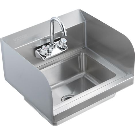 Lave-Mains avec Robinet et Dosseret Latéral Lavabo Mural ou Encastrable 432 x 381 x 330 mm Évier en Acier Inoxydable sans Fuite pour Restaurant Salle de Bain Toilette WC Cuisine Bar Garage (1/5)