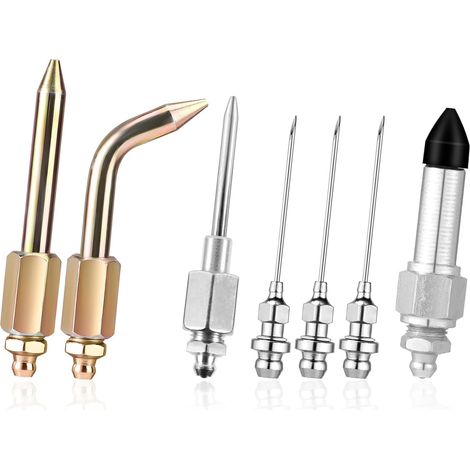 Kit de accesorios para pistola de engrase de 7 piezas: 3 boquillas de engrase, 1 dispensador de aguja, punta de goma, boquilla recta y 1 codo de aguja para espacios pequeños. (1/5)