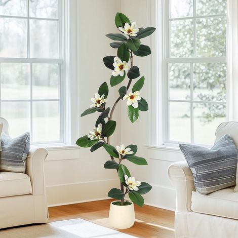 Arbre caoutchouc & magnolia 152 cm – 8 fleurs magnolia, pot blanc – Plante artificielle intérieur design (1/5)