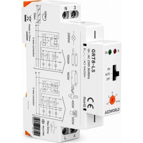 Relè Temporizzato Luci Scale 230V AC, Temporizzatore Auto ON OFF, 16A, 0,5-20 Minuti, 1 Modulo DIN, per Corridoi Ingressi Scale e Ventole Bagno, GRT8-LS