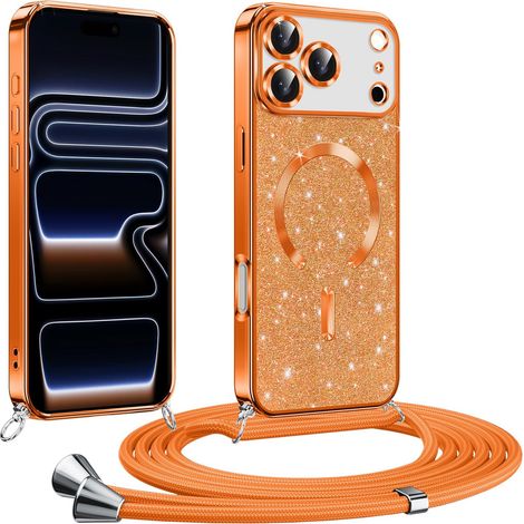 Coque pour iPhone 17 Pro avec Cordon, Etui à Paillettes Compatible avec MagSafe, Antichoc Protection Coque pour Magnétique avec Réglable Collier,Orange