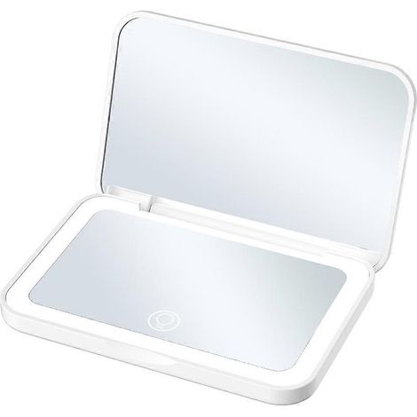 Mini-, faltbarer und kompakter Kosmetikspiegel mit 3-farbiger LED-Beleuchtung und 2-facher Vergrößerung, ideal für Reisen. (1/5)