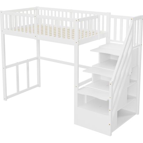 Letto a soppalco 90 x 200 in legno bianco con scala contenitore e scrivania integrata (1/5)