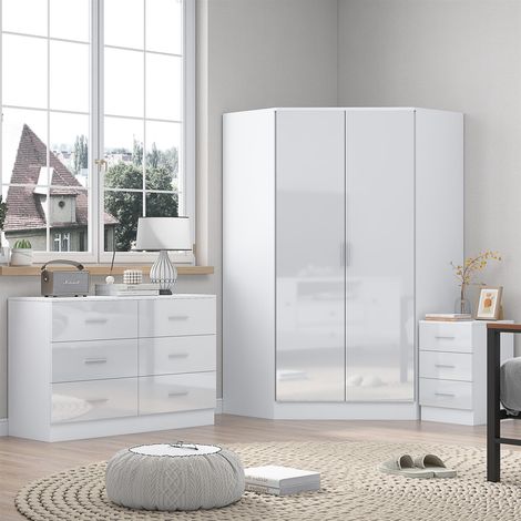 Reflect 2 Door Corner Wardrobe, 6 Drawer Chest, 3 Drawer Bedside - White Gloss & Matt White - Bedroom Furniture Set