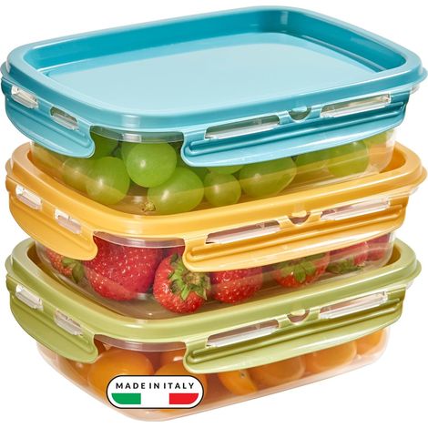 Lot de 3 Boîtes Alimentaires Hermétiques 3x 600 ml, Boîtes de Conservation Rectangulaires avec 4 Fermetures, Empilables, Micro-ondes sans Couvercle, Lave-vaisselle, Made in Italy (1/5)