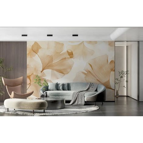 Papier peint feuillage ginkgos aeriens en tons doux 1 - 400 x 260 cm (1/2)