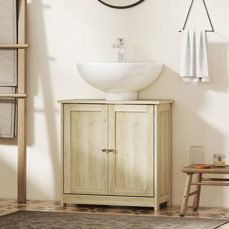 Lavabo sous-évier 2 portes avec étagère réglable et découpe en U, 60x30x60 cm, chêne (1/5)