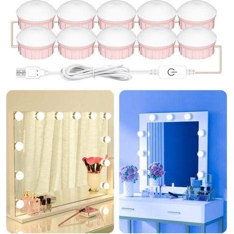 Dimmable Lumière de Miroir, 10 Ampoules Style Hollywoodien de Lumière LED, 3 Couleurs Lampes de Maquillage et Luminosité Réglable, Dimmable Lampe pour Miroir de Maquillage Coiffeuse (Rose) (1/5)