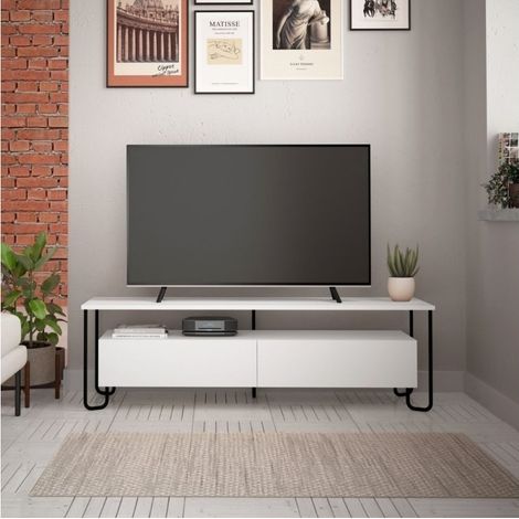 Porta TV in Legno Basso Bianco con Due Ante a Ribalta Piedi in Metallo Mobile (1/4)
