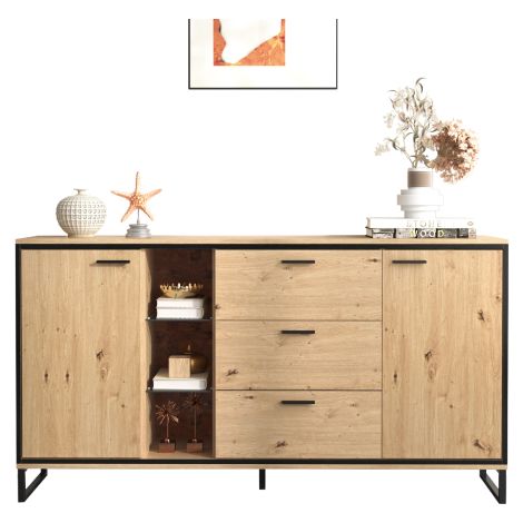 Buffet moderne avec compartiments de rangement, élégant et fonctionnel, en grain exquis noir et bois (1/5)