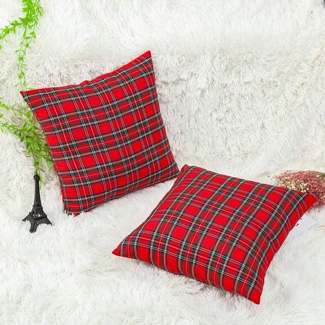 Filiyano-Lot de 2 housses de coussin à carreaux rouges, style tartan, pour canapé et décoration intérieure, en coton. (1/4)