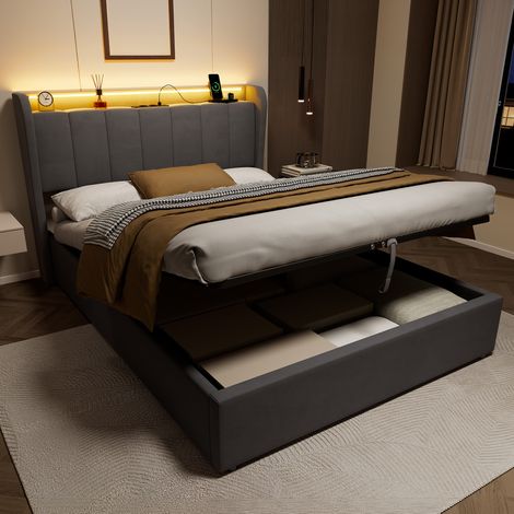 Estructura de cama tapizada 140 x 190 cm (colchón no incluido), con iluminación LED y puertos de carga, espacio de almacenamiento (1/5)