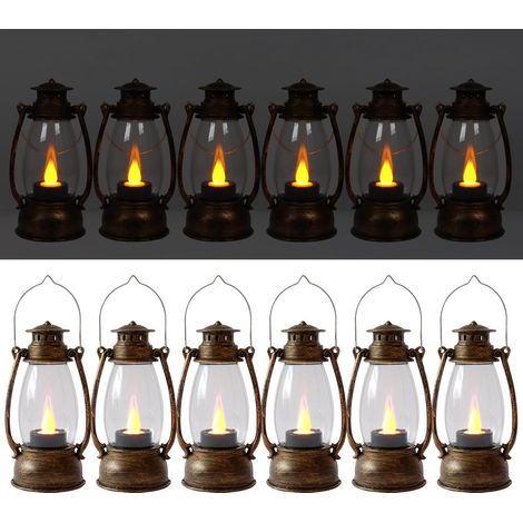 Lot de 12 mini-lanternes décoratives avec bougie LED vacillante, petite lanterne vintage à suspendre pour Halloween, décoration de fête, cuivre brossé (1/5)