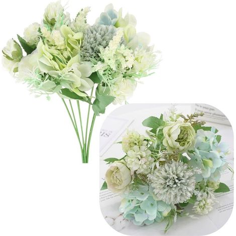 Bouquet di fiori artificiali di rose di crisantemo per composizione in vaso da 32 cm - Verde (1/5)