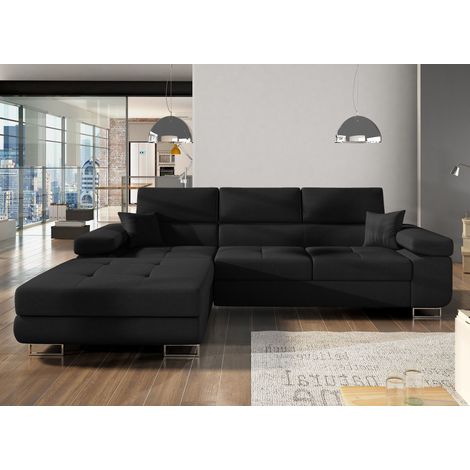 Les Tendances – Canapé convertible d'angle gauche tissu noir 280 cm – Couchage 125 x 198 cm – Rangement intégré – Structure bois massif – Pieds métal chrome poli (1/5)
