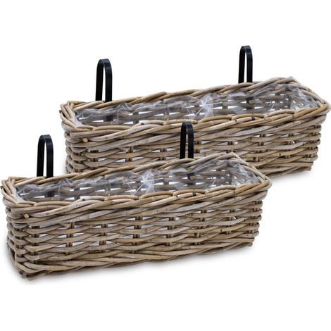 Panier de balcon en rotin naturel - 44x17 cm / 2 pièces - jardinière de balcon en osier à planter (2 pièces / moyen)