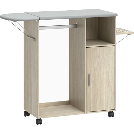 Mobile Asse da Stiro in Effetto Lino Armadietto e Barra per Vestiti 127x42,5x99 cm Grigio e Color Legno (1/5)
