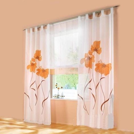 2 pièces rideau écharpe rideau imprimé fleurs rideau pour salon chambre boucle écharpe, largeur 150 cm / hauteur 260 cm, orange (1/4)