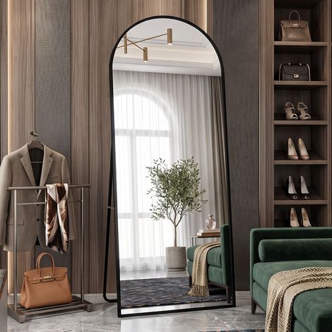 Creahappy Miroir sur Pied Pleine Longueur 180x80 cm Arche - Verre Trempé Anti-Éclats Cadre Aluminium - Noir Mat (1/5)