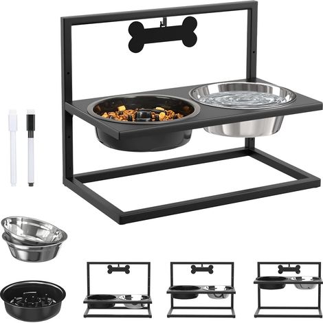 Elevated Non-Slip Dog Bowl - Stainless Steel with Anti-Glutton Function - 3 Adjustable Heights for Medium and Large Dogs - Black (1/5)