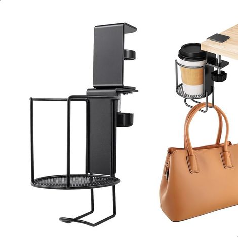 Porte Gobelet Boisson Bouteille Support Gobelet Bureau Suspendu 360° Rotation, Porte Gobelet Réglable Crochet pour Casque sous Bureau, Porte Gobelets Clip Support Tasse à Café Soucoupe Clip (1/5)