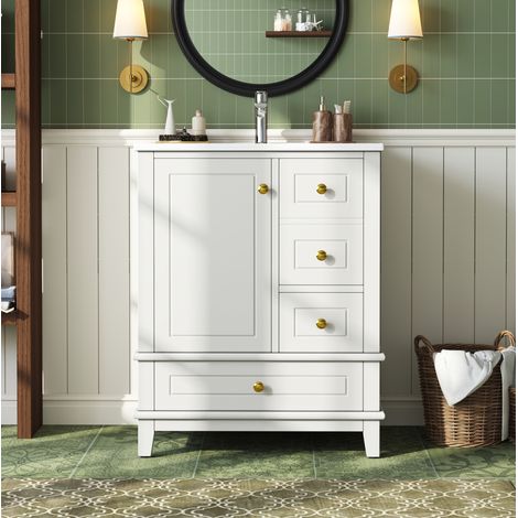 Waschtischunterschrank 61 cm weiß glänzend mit 3 Schubladen, Seitentür und Keramikbecken OKWISH (1/5)