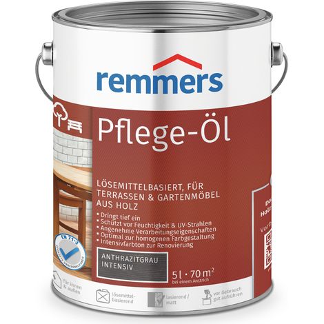 Remmers Pflege-Öl anthrazitgrau intensiv, 5 Liter, Holzöl für Holz innen und außen, wasserabweisend, wetterfest, für Gartenmöbel und Holzterrassen geeignet