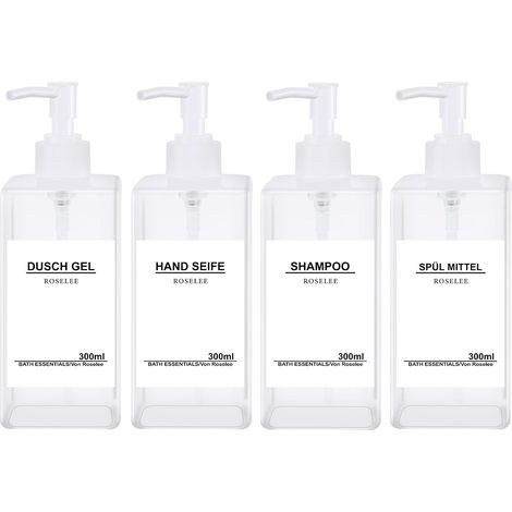 Lot de 4 distributeurs de Savon de Douche - 300 ML - en Plastique - Rechargeables - avec Entonnoir - Étiquettes étanches - Vintage - pour Cuisine, Salle de Bain, Salle de Bain - Transparent'Transparen