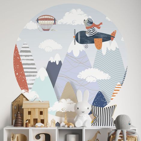 Sticker mural rond / cercle Enfants - Ourson Aviateur - Diamètre 40 cm - Adhésif + Protection BRILLANTE (1/2)