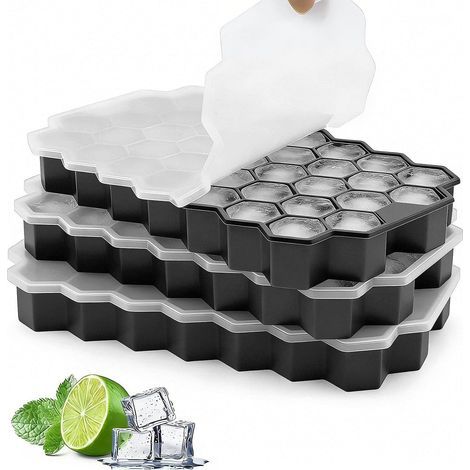 Lot de 3 bacs à glaçons en silicone, 37 cavités, empilables, avec couvercle, pour boissons fraîches, whisky et cocktails, certifié LFGB et sans BPA, Noir (1/5)