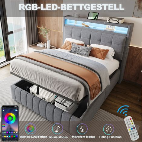 Cama con canapé 140x200 cm, cama doble tapizada para adultos, toma LED + USB, cabecero con balda, lino, colchón no incluido, color gris (1/5)