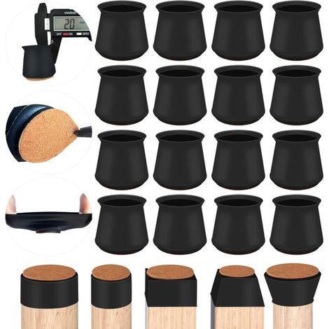 Protections pour pieds de chaise, lot de 16 protections épaisses en silicone avec patins en feutre, protections rondes/carrées pour pieds de chaise et de table (petite taille, noir) (1/5)