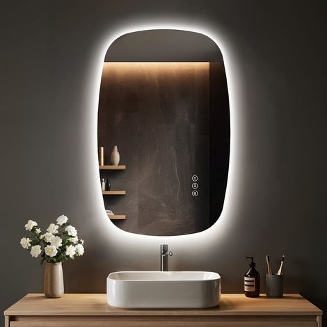 S'AFIELINA 80×50 cm Miroir de Salle de Bain LED Ovale – Commande Tactile, Dimmable avec 3 Couleurs de Lumière, Anti-Buée,Montage Horizontal & Vertical
