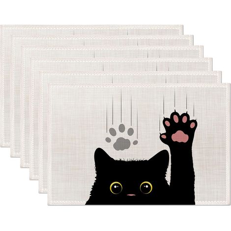 Sets de table Chat Noir, lot de 6 sets de table Chat Mignons et Amusants, 30 x 45 cm, en lin imperméable, résistant à l'huile, lavable et réutilisable, pour la décoration de table lors des fêtes et de (1/5)