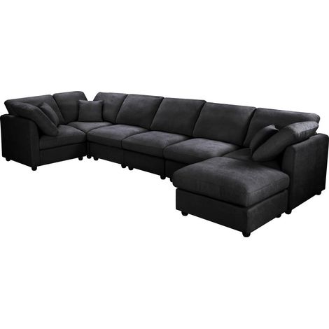 YHL Voyura 2213 Canapé longue chaise de salon chenille moderne - 6 places - accoudoirs carrés - Noir (1/5)