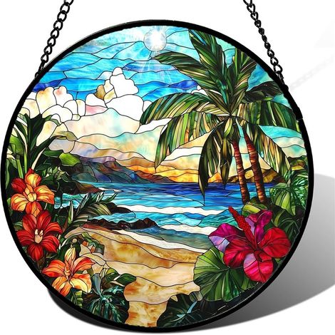 Attrape-soleil vitrail paysage 20 cm, décoration colorée fenêtre porte cadeau maison (1/4)