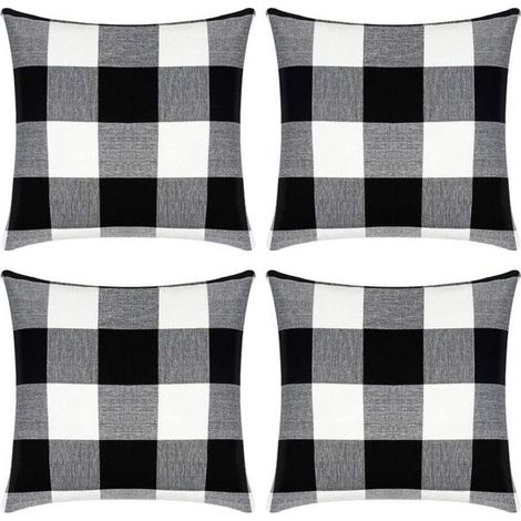 Lot de 2 housses de coussin à carreaux pour coussin carré d'extérieur de style ferme en coton et lin noir et blanc - 4 (1/5)