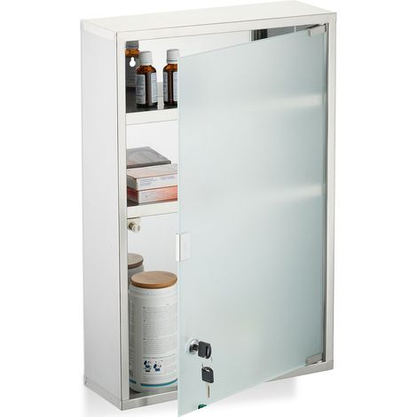 Relaxdays Armadietto Pronto Soccorso Medicinali, Cassetta Medicine con Chiave, HLP: 58x38x13 cm, Acciaio Inox e Vetro