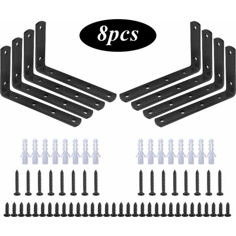 Befestigungswinkel, 8-teiliges Set L-förmiger rechtwinkliger Winkel aus schwarzem Edelstahl, Regalwinkel 125 mm x 75 mm x 20 mm / Eckstützwinkel mit 48 Schrauben und 16 Dübeln