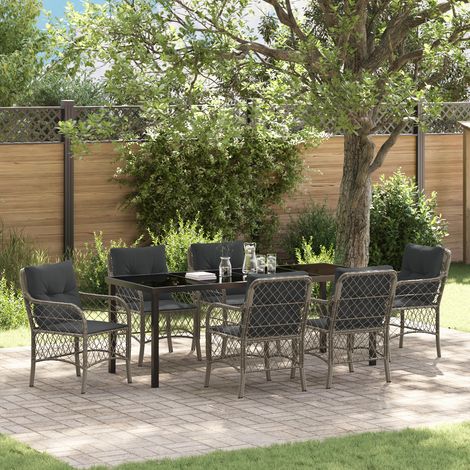 Garten Essgruppe mit Kissen 7 pcs Grau Poly Rattan vidaXL