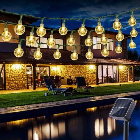 Guirlande Lumineuse Solaire Extérieure, 6.5M 30 LED Guirlande Lumineuse Boule de Cristal Solaire 8 Modes Imperméable Intérieur Extérieur pour Jardin, Patio, Mariage, Fête, Noël, Blanc Chaud