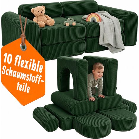 Relaxdays Kinder-Spielsofa, modular, 10-tlg., weiche Bausteine, Kindercouch, Cord, HBT: 32x108x50 cm, Spielcouch, grün (1/5)