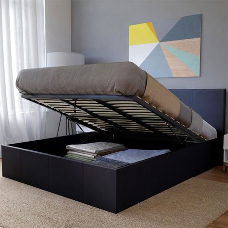 Le Quai Des Affaires – Lit coffre 160x200 BARCELONA – Structure métallique – Revêtement cuir PU noir – Sommier 3x15 lattes multiplis – Hauteur 88cm